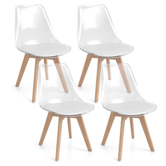 Costway 4x Clear Dining Chair Kitchen Vanity Office PU Cushion White