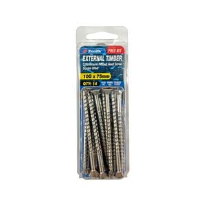 Zenith 10G x 75mm Stainless Steel 304 Square Drive External Timber Screw - 14 Pack