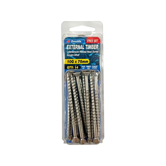 Zenith 10G x 75mm Stainless Steel 304 Square Drive External Timber Screw - 14 Pack