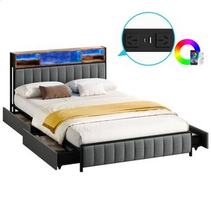 ALFORDSON Bed Frame Queen Charging Station LED Storage Drawers Linen