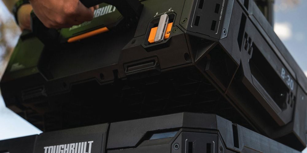 Stacktech product which is storage tower on display in close up with detached box