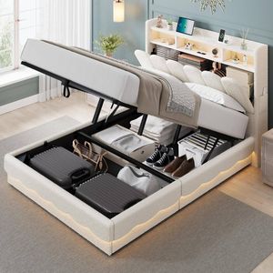 Homfurn Double Bed Frame with Storage, Gas Lift Bed Double Boucle Fabric with LED Lights & Charging Station, Noise Free, Beige