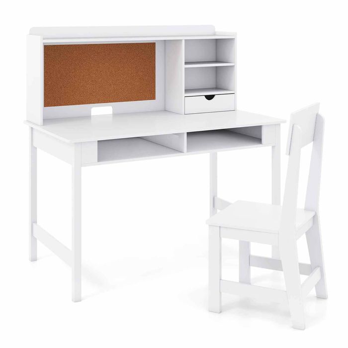 Costway Kid Study Desk Chair Cork Bulletin Board Computer Table White