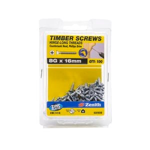 Zenith 8g x 16mm Zinc Plated Hinge-Long Thread Timber Screws - 100 Pack