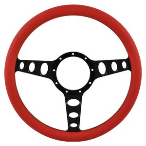 Cal Custom 14" Billet Steering Wheel Red Half-Wrap Anodised Black Spokes & Finger Notches