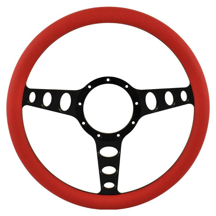 Cal Custom 14" Billet Steering Wheel Red Half-Wrap Anodised Black Spokes & Finger Notches