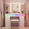 Advwin Dressing Table with Mirror and Lights RGB Ambient, Makeup Vanity Desk Set with Charging Station White