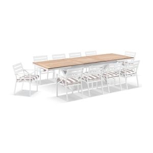 Austin Outdoor 2.2m - 3m Extension Teak/aluminium Table White With 10 Kansas Chairs & Sunbrella Beige Cushions