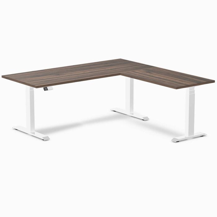 Desky Eco L-shape Sit To Stand Jarrah Legno Melamine Desk 1800x1750mm White Height Adjustable Leg