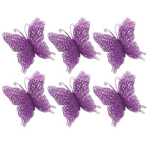 Catzon 6Pcs Glittery Butterfly Ornament with Handles for Christmas-Purple