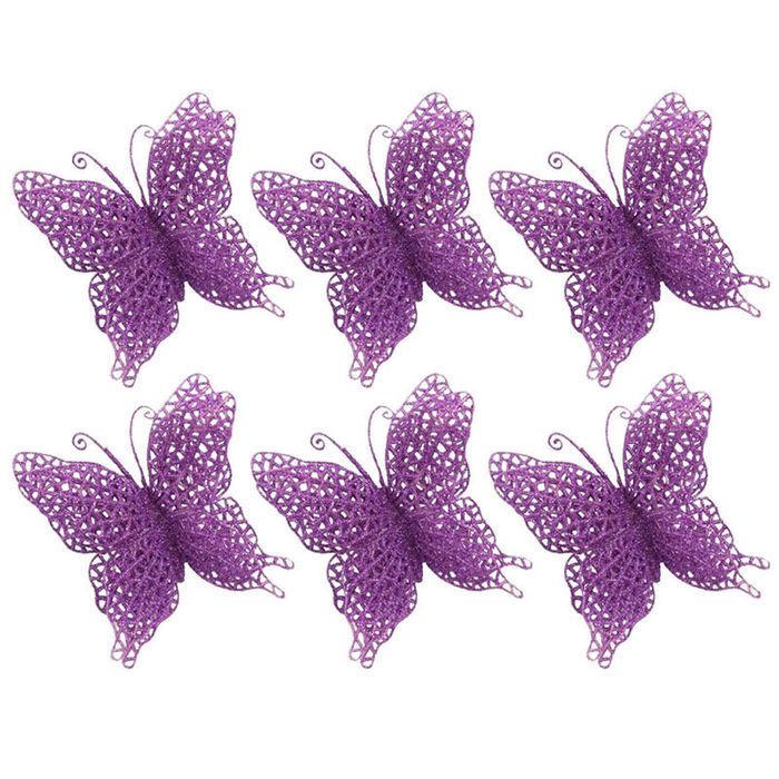 Catzon 6Pcs Glittery Butterfly Ornament with Handles for Christmas-Purple
