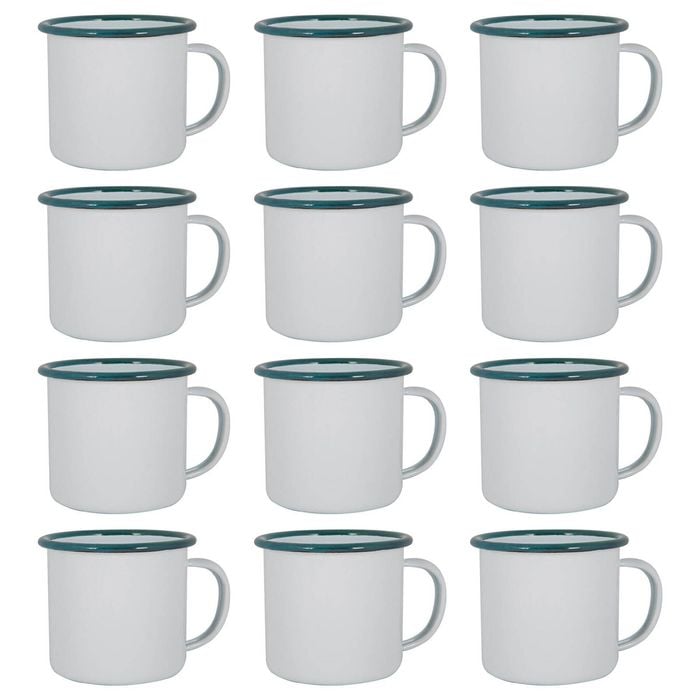 Argon Tableware 375ml Enamel Mugs - Green Rim - Set Of 12 Metal Drinking Cups Coffee Teacup Mug Set Hot, Cold Drinks Cups