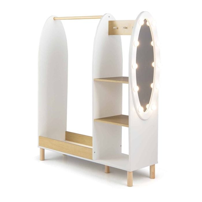 Costway Kid Wardrobe Clothes Rack Lights Mirror Armoire Rod Shelf Hook