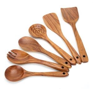 Catzon 6 Pcs Wooden Cooking Spoon Set Smooth Teak Cutlery-b