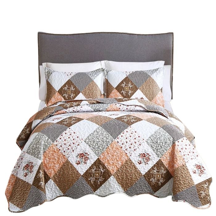 Checked Soft Bedspread Quilted Coverlet Patchwork Set Queen Size Bedding