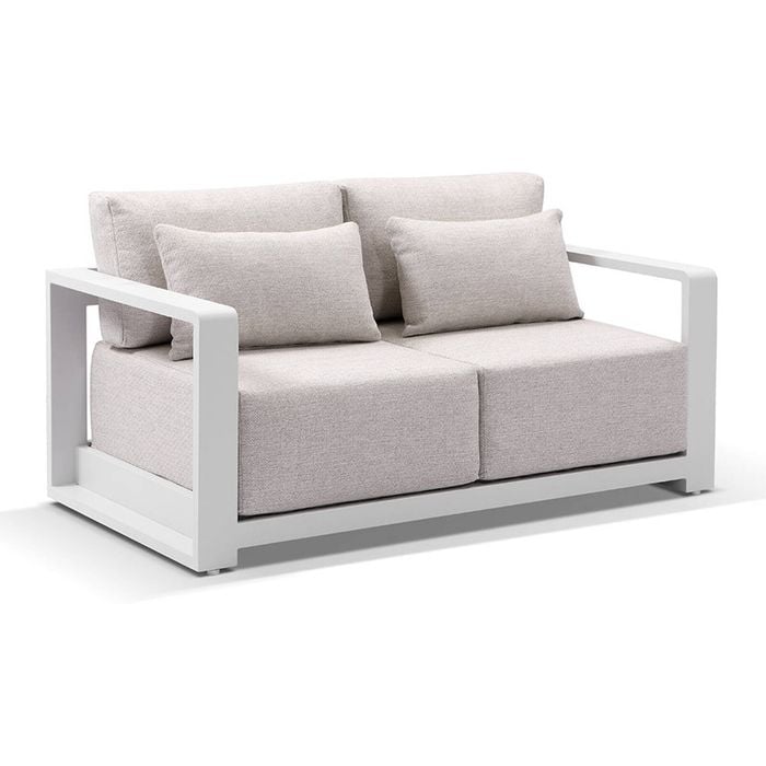 Whitehaven 2 Seater Outdoor Aluminium Lounge White & Sandstone Olefin Cushions