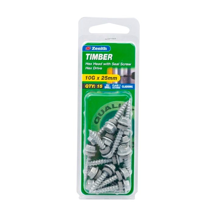 Zenith 10G x 25mm Galvanised Timber Hex Head With Seal Screw - 15 Pack