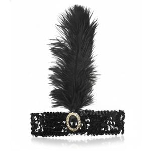 WIDE FLAPPER HEADBAND Feather Sequin Costume Gatsby Charleston Headpiece 1920s Black