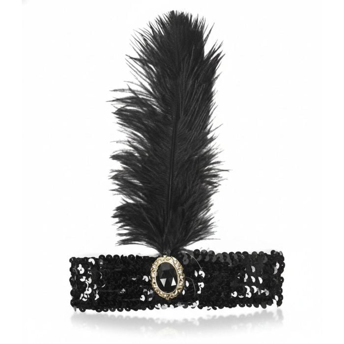 WIDE FLAPPER HEADBAND Feather Sequin Costume Gatsby Charleston Headpiece 1920s Black