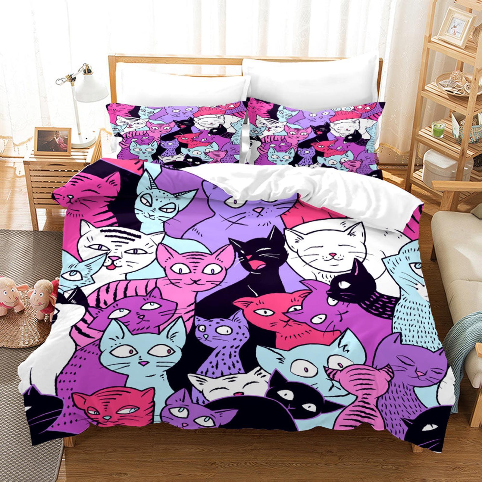 3D Purple Black White Blue Cat Kitty Quilt Cover Set Bedding Set