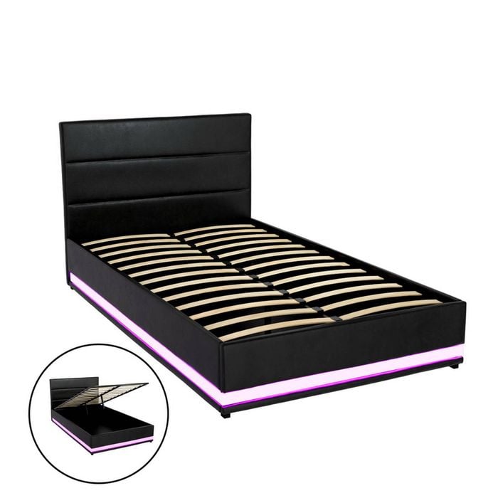 Artiss RGB LED Bed Frame King Single Size Gas Lift Base Storage - Black Leather LUMI
