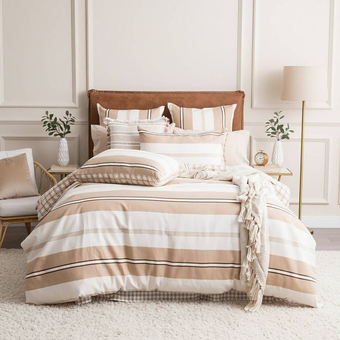 Renee Taylor Textured Cotton Slub Reversible Quilt Cover Set Beige Stripe King