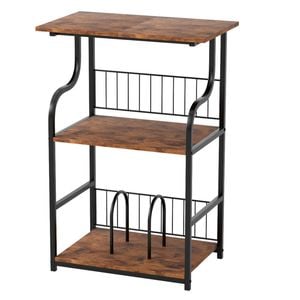 Levede Side Table 3-tier Record Player Stand Storage Shelf Brown Wood