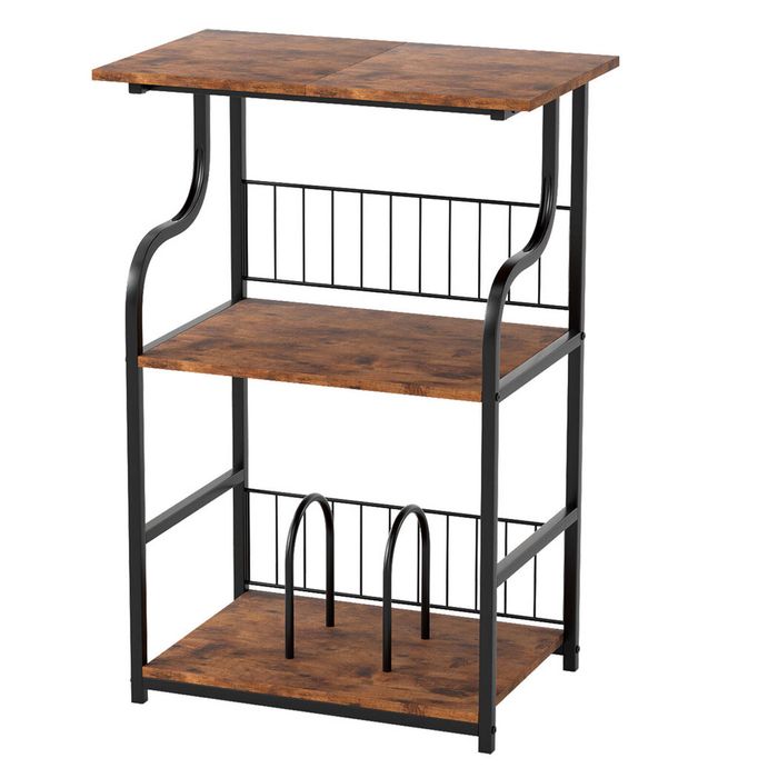 Levede Side Table 3-tier Record Player Stand Storage Shelf Brown Wood