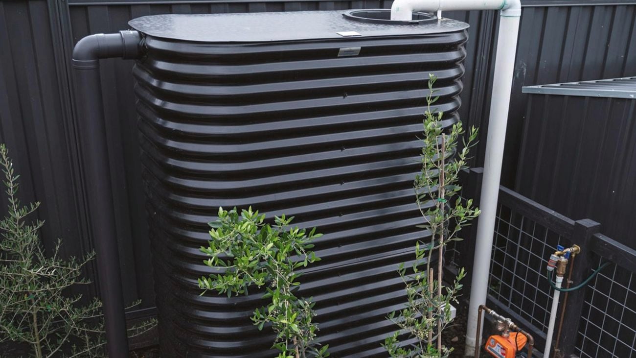 Water tank in the backyard near steel fencing.