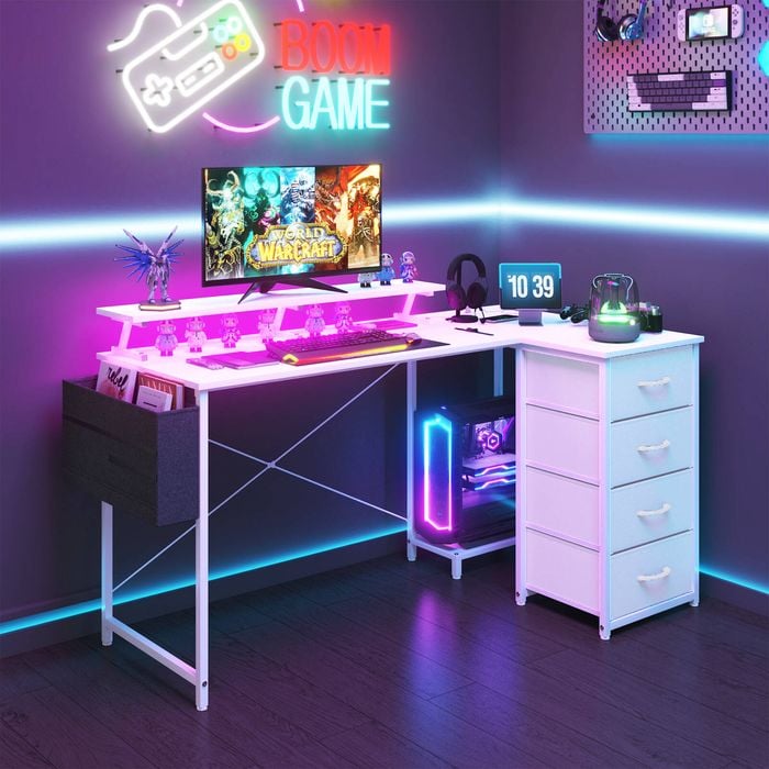 Advwin L Shaped Gaming Desk 140cm with LED Lights & Power Outlets ...
