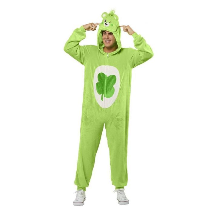 Good Luck Bear Adult Halloween Costume Green Plush Jumpsuit with Clover Belly Badge, Large-Extra Large