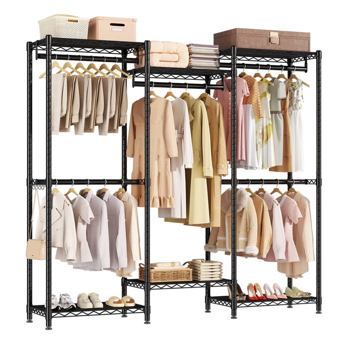 Ufurniture Clothes Rack with 6 Shelves and Movable 5 Hanging Rods Black