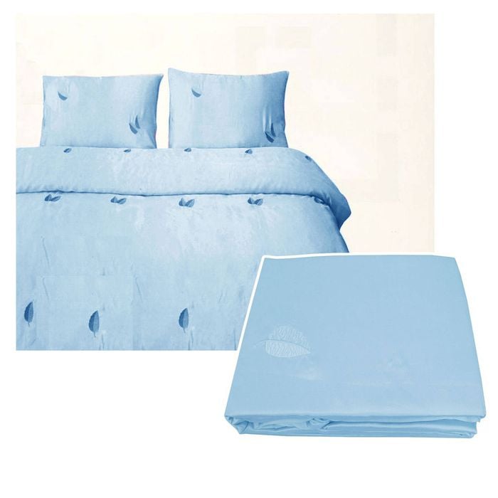 Bloomington Leaf Satin Embroidery Quilt Cover Set Sky Blue Double