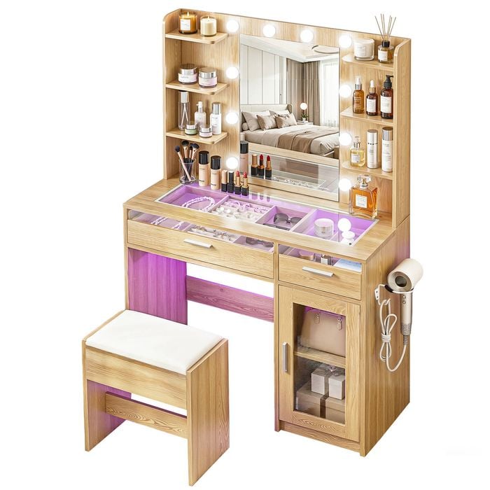 Artiss Dressing Table Vanity Desk LED RGB Light Charging Station Wood