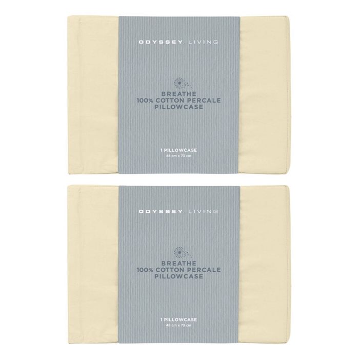 2x Odyssey Living Breathe Cotton Standard Pillowcase 48cm X 73cm Natural