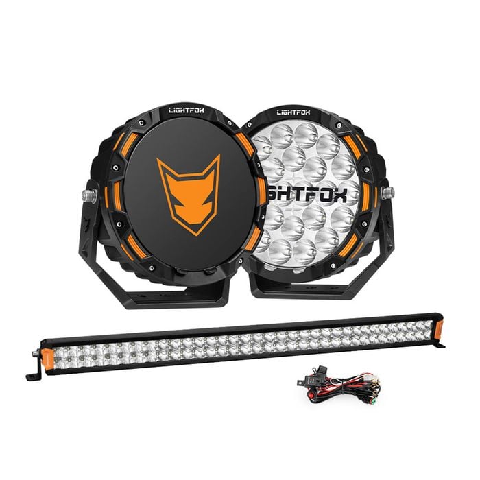 Lightfox 9inch Osram Led Driving Lights + 40 Inch Dual Row Led Light Bar + Wiring Kit