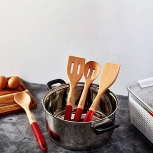 Gourmet Kitchen 4 Piece Rustic Beech Wood Kitchen Utensil Set With Silicone Grip Red