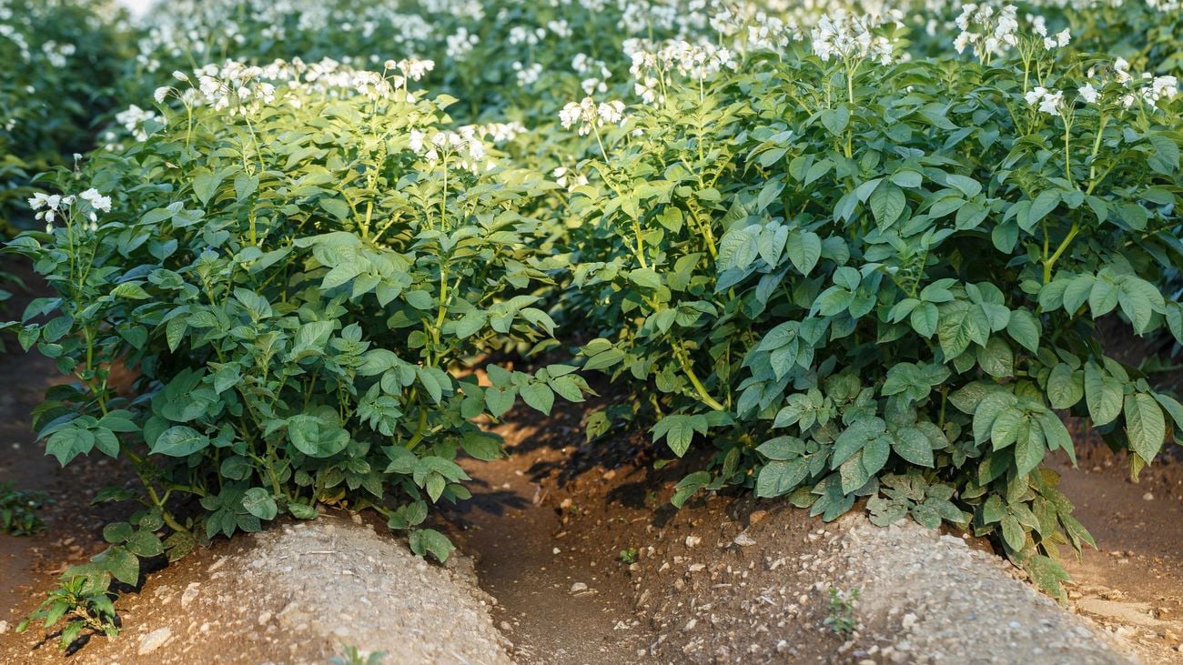 A potato bush with green leaves.