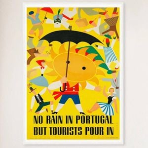 Galrie Charming Vintage Travel Poster of Portugal: No Rain But Tourists Pour In Artwork, White Frame, 50 x 70cm (20 x 28inch)