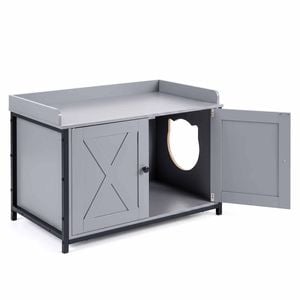 Costway Cat Litter Box Enclosure House 2 Barn Door Side Entrance Grey
