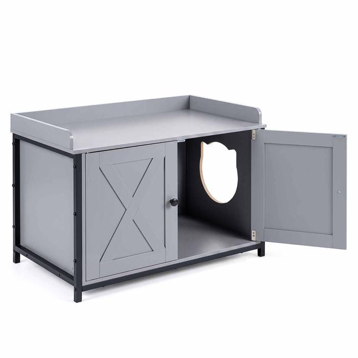 Costway Cat Litter Box Enclosure House 2 Barn Door Side Entrance Grey