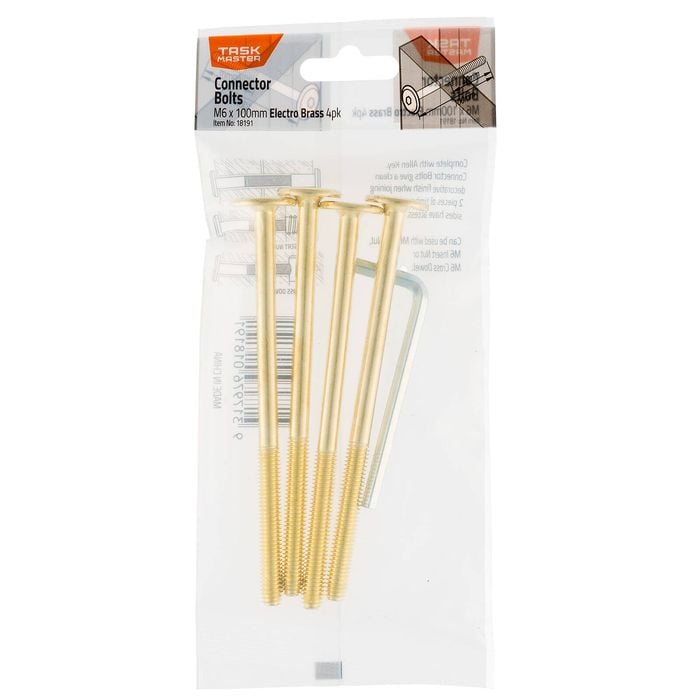 Taskmaster M6 x 100mm Electro Brass Connector Bolts - 4 Pack - Electro Brass 100mm