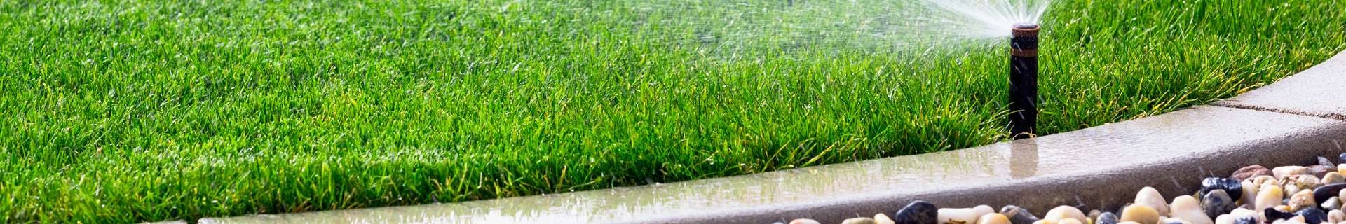 A water sprinkler watering grass lawn.