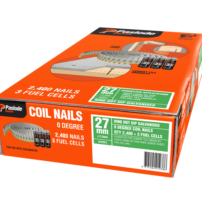 Paslode 27 X 2.5mm Impulse Hot Dipped Galvanised Coil Nails - 2400 Box