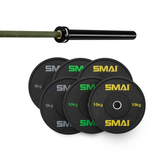 Smai 75kg Hd Bumper Plate Set Inc 15kg Barbell - 15kg Army Green Barbell