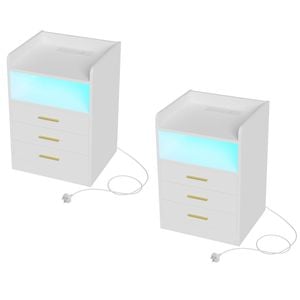 Ufurniture Bedside Table Set of 2 with LED Light and Charging Station 3 Drawers White