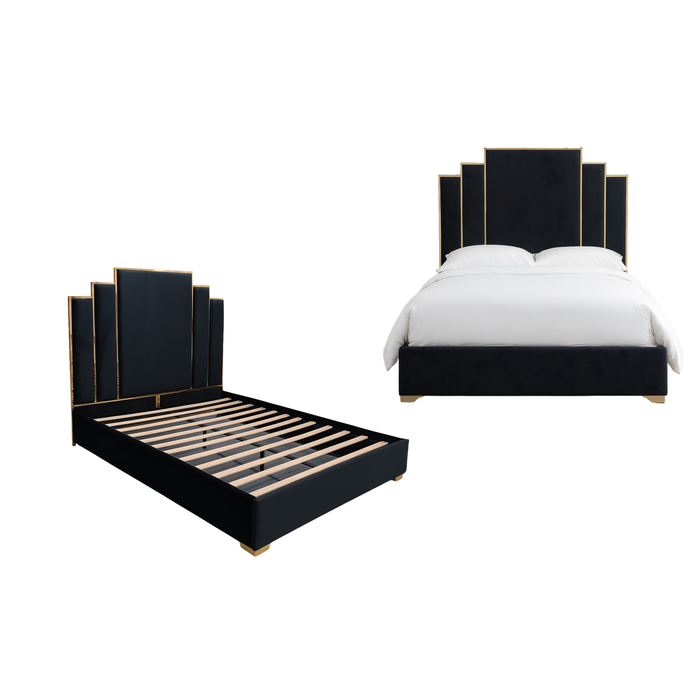 Elegant Collections Queen Black Velvet Bed Frame with Gold Trim