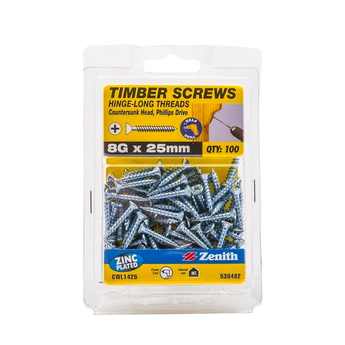 Zenith 8g x 25mm Zinc Plated Hinge-Long Thread Timber Screws - 100 Pack