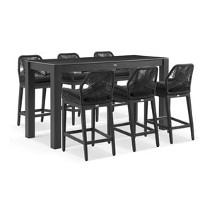 Hugo Outdoor Ceramic 2m Rectangle Aluminium Bar Table Charcoal With 6 Rope Stools & Denim Grey Cushions