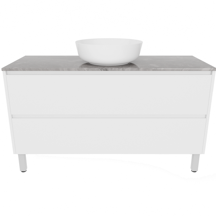 Forme 1200mm White Razor Freestanding Vanity With Victoria Grey Stone Top and Atom Above Counter Basin